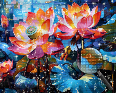 Üppige Lotusblumen und Lotusschoten Diamond Painting