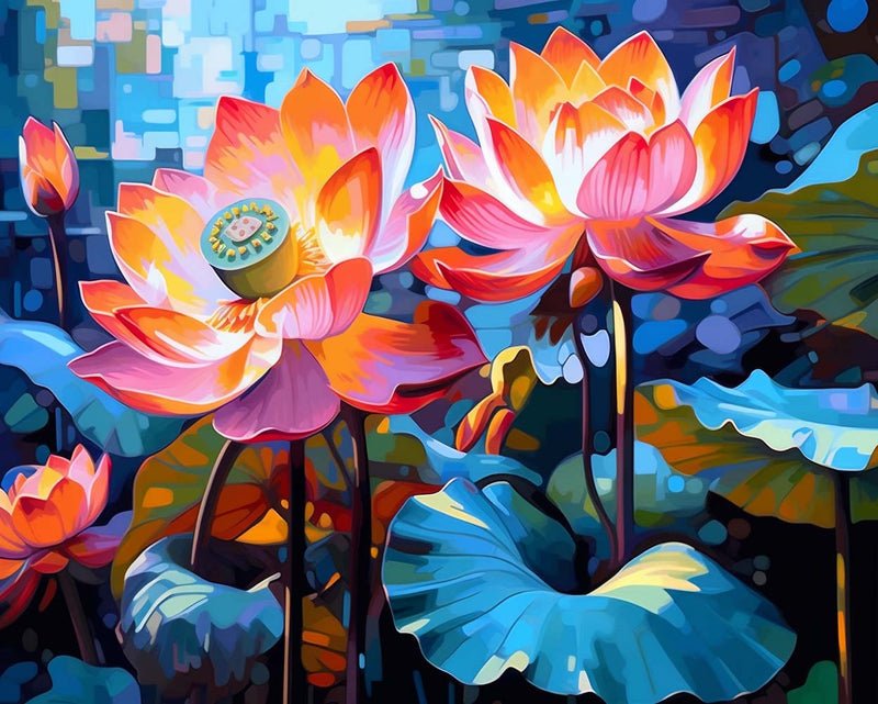 Üppige Lotusblumen und Lotusschoten Diamond Painting