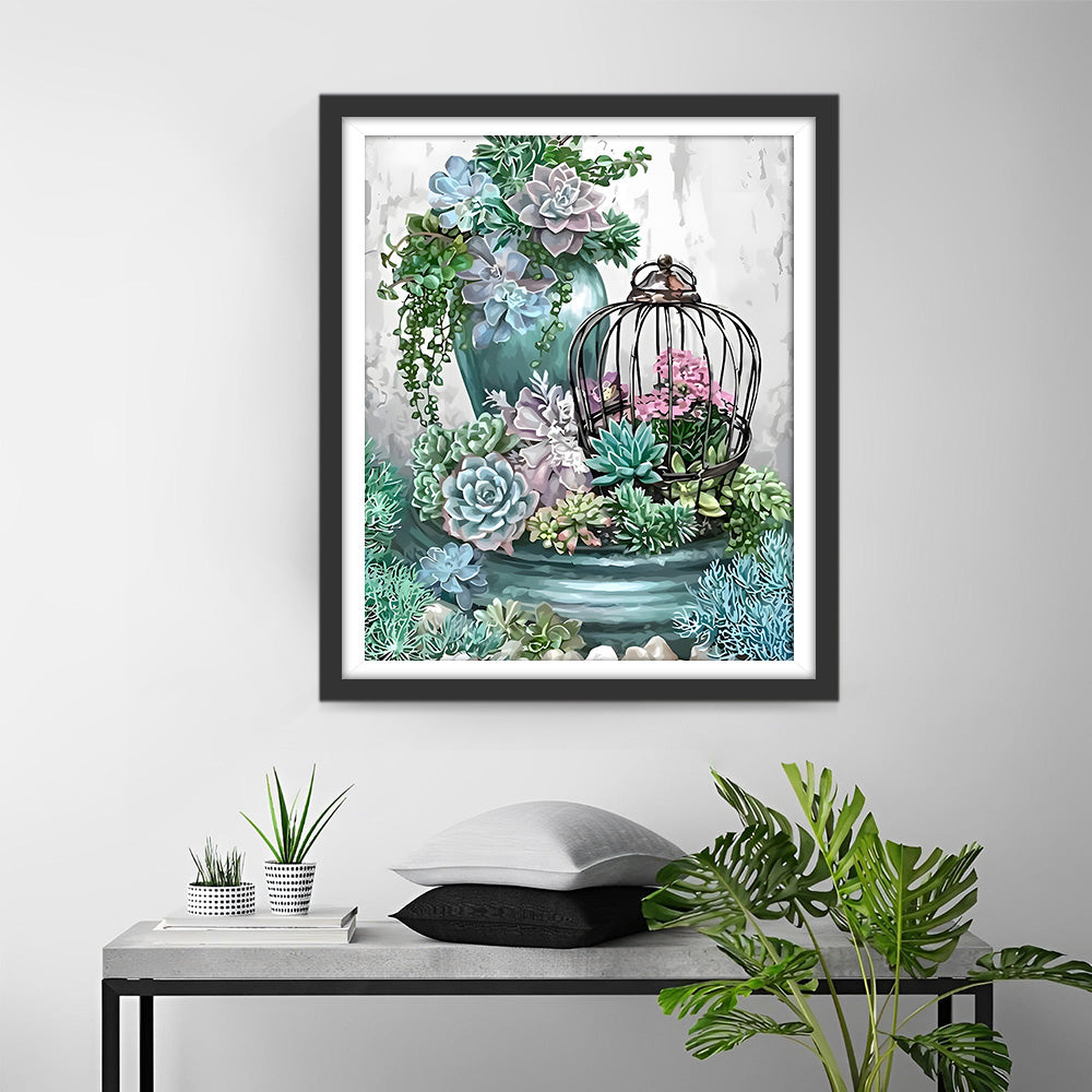 Vase, Vogelkäfig und Sukkulente Diamond Painting