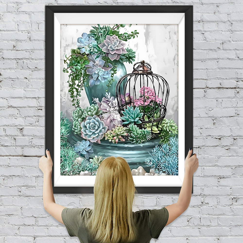 Vase, Vogelkäfig und Sukkulente Diamond Painting