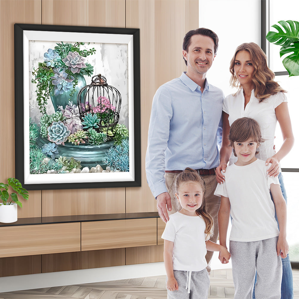 Vase, Vogelkäfig und Sukkulente Diamond Painting