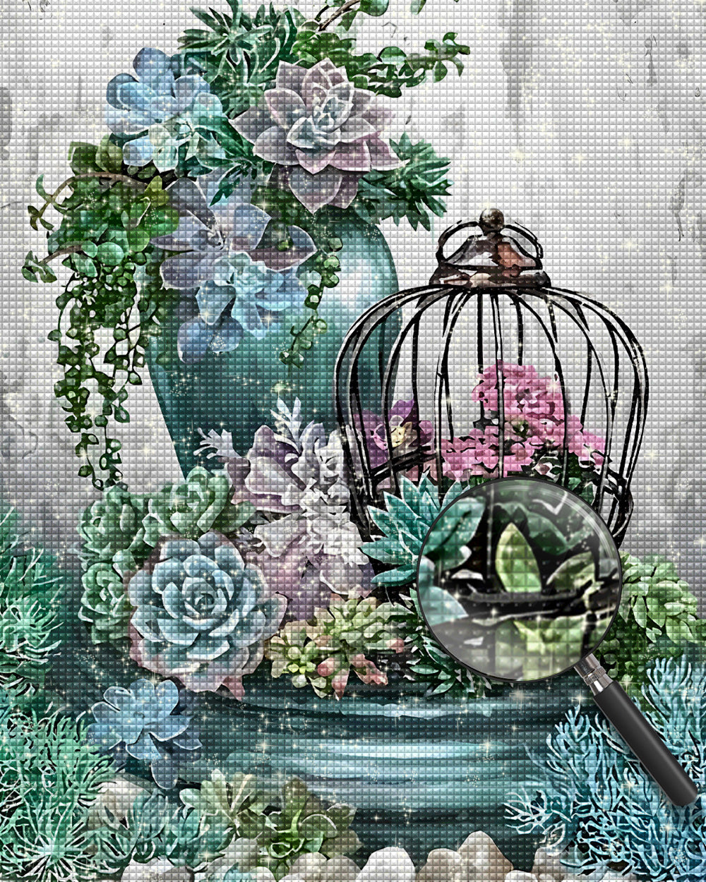 Vase, Vogelkäfig und Sukkulente Diamond Painting