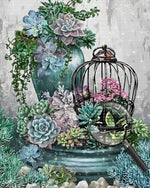 Vase, Vogelkäfig und Sukkulente Diamond Painting