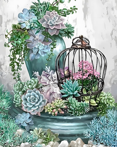 Vase, Vogelkäfig und Sukkulente Diamond Painting