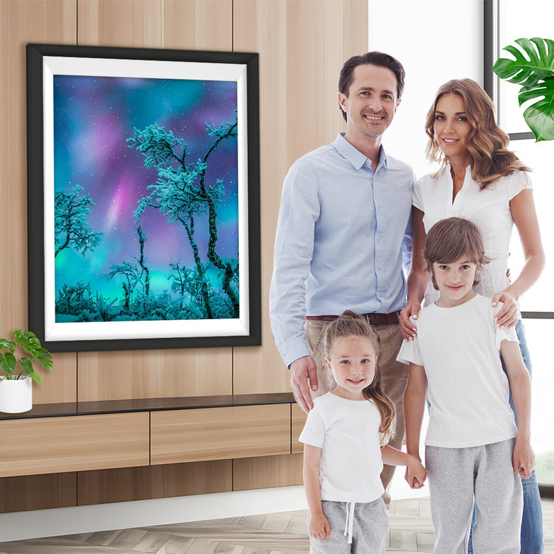 Verschneite Bäume unter dem grünen Polarlicht Diamond Painting