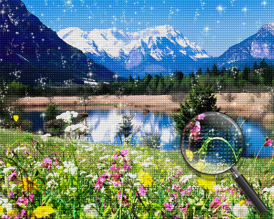 Verschneiter Berg, Blumenfeld und See Diamond Painting