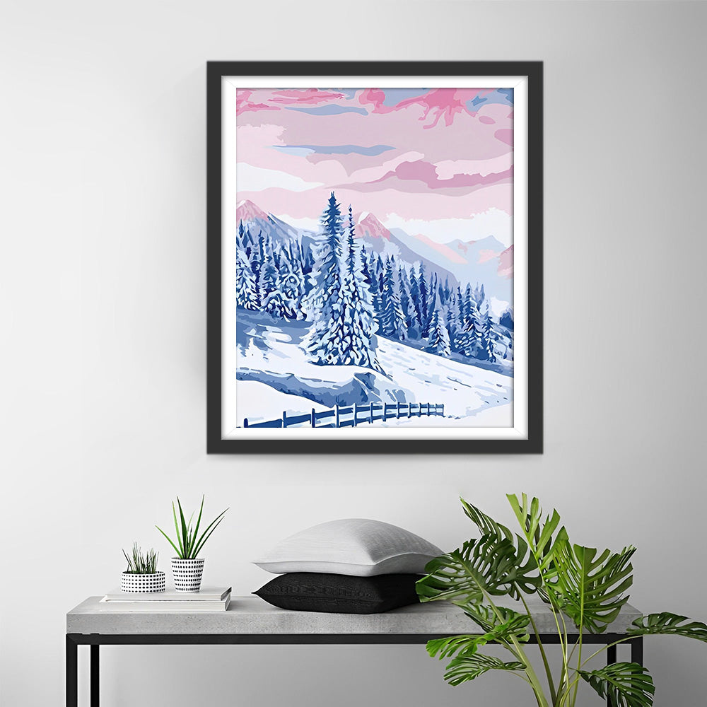 Verschneiter Wald und Berge Diamond Painting