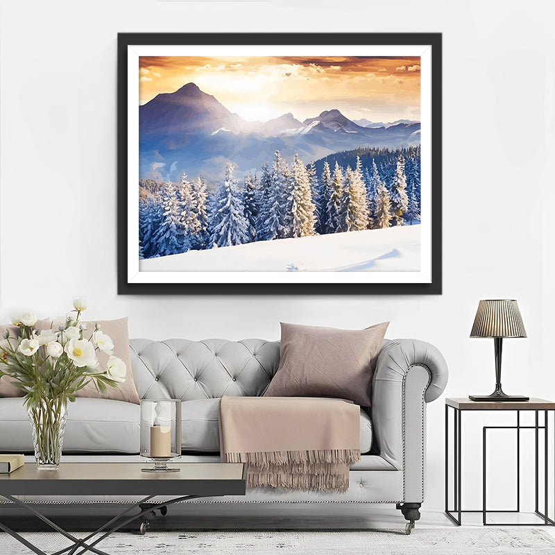 Verschneiter Wald und Schneeberg Diamond Painting
