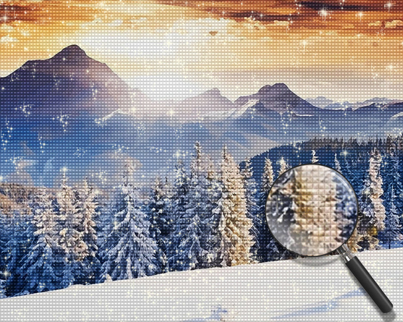 Verschneiter Wald und Schneeberg Diamond Painting
