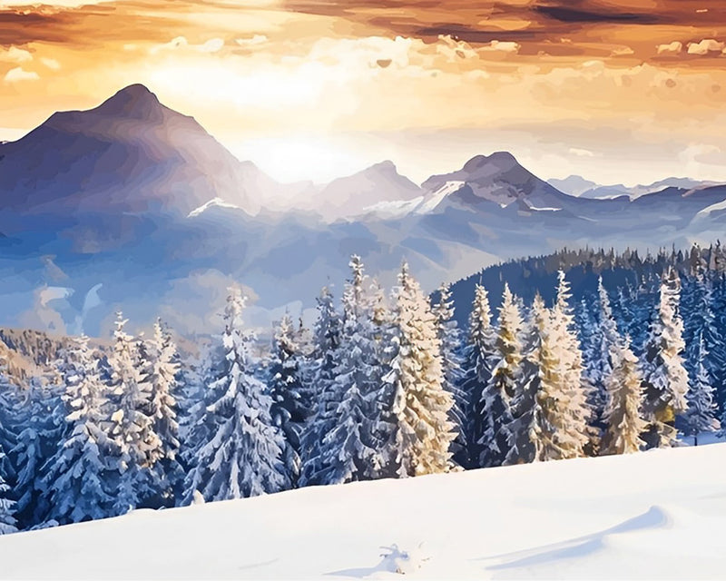 Verschneiter Wald und Schneeberg Diamond Painting