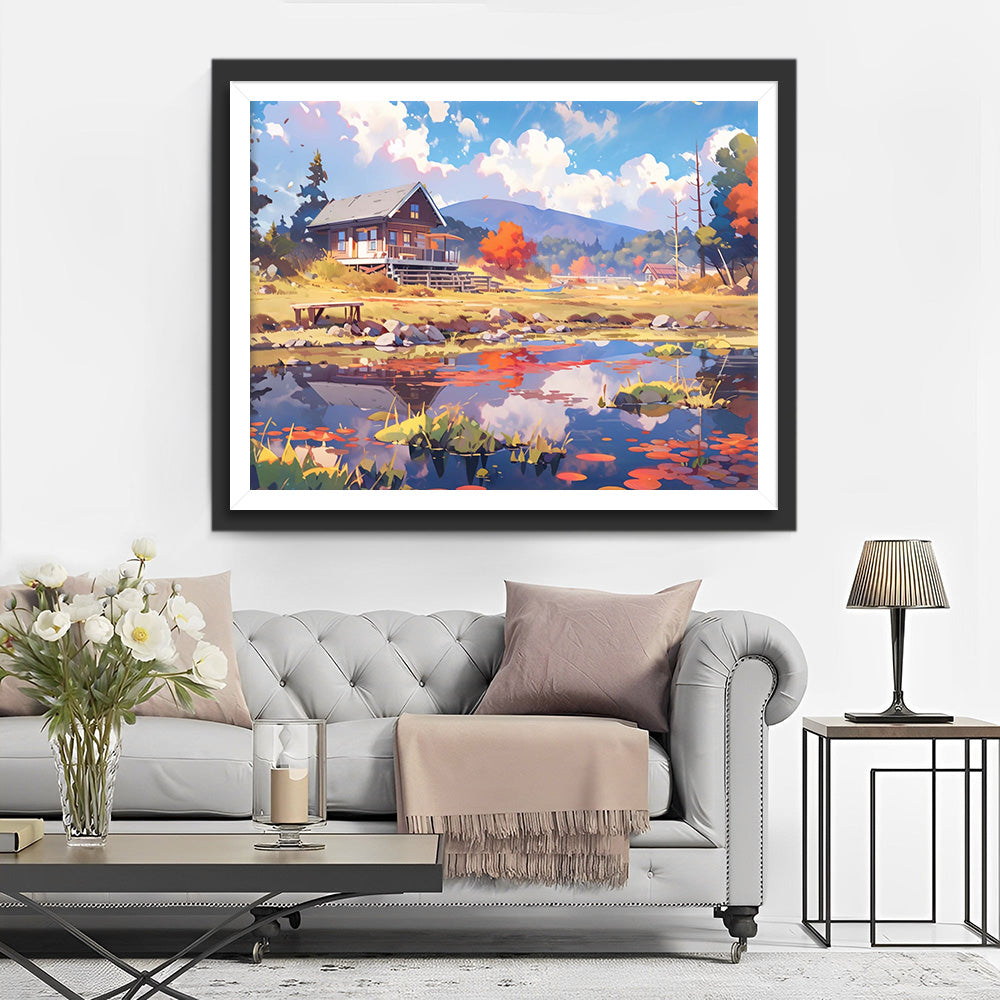 Villa und Teich in den Bergen Diamond Painting