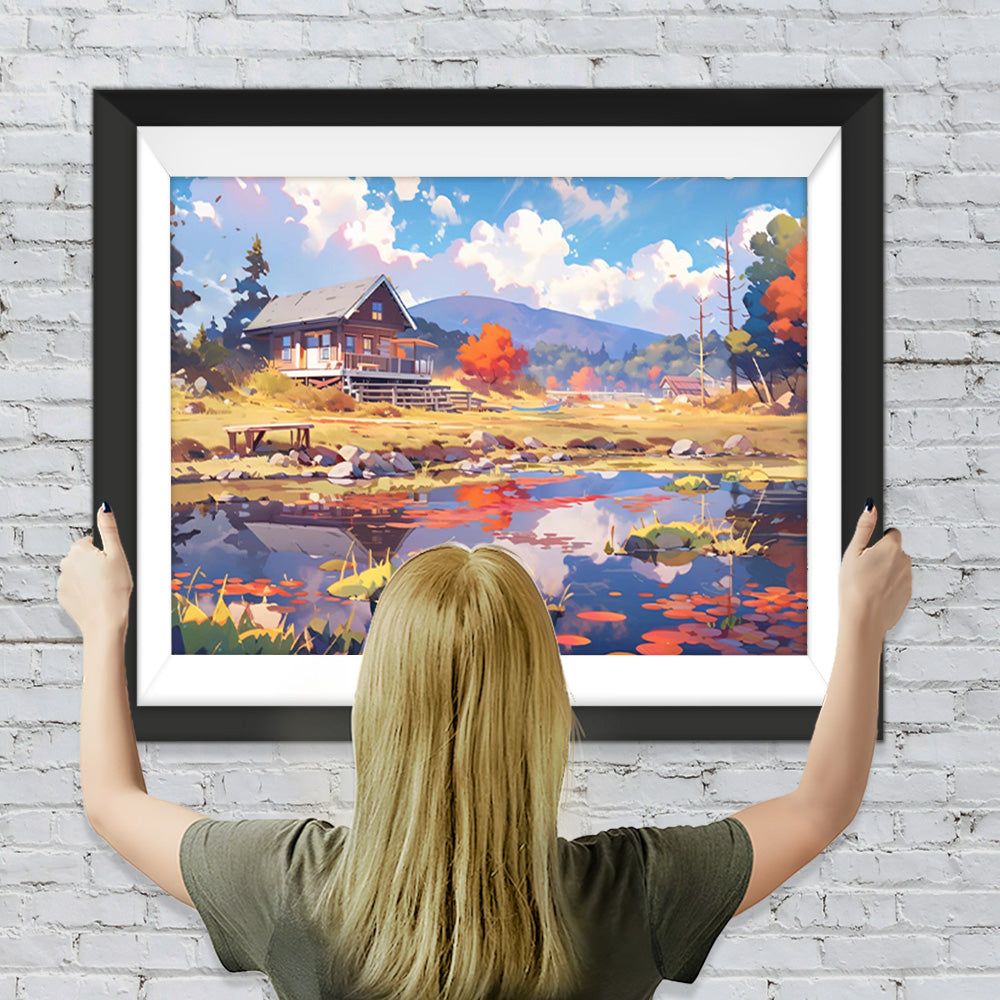 Villa und Teich in den Bergen Diamond Painting