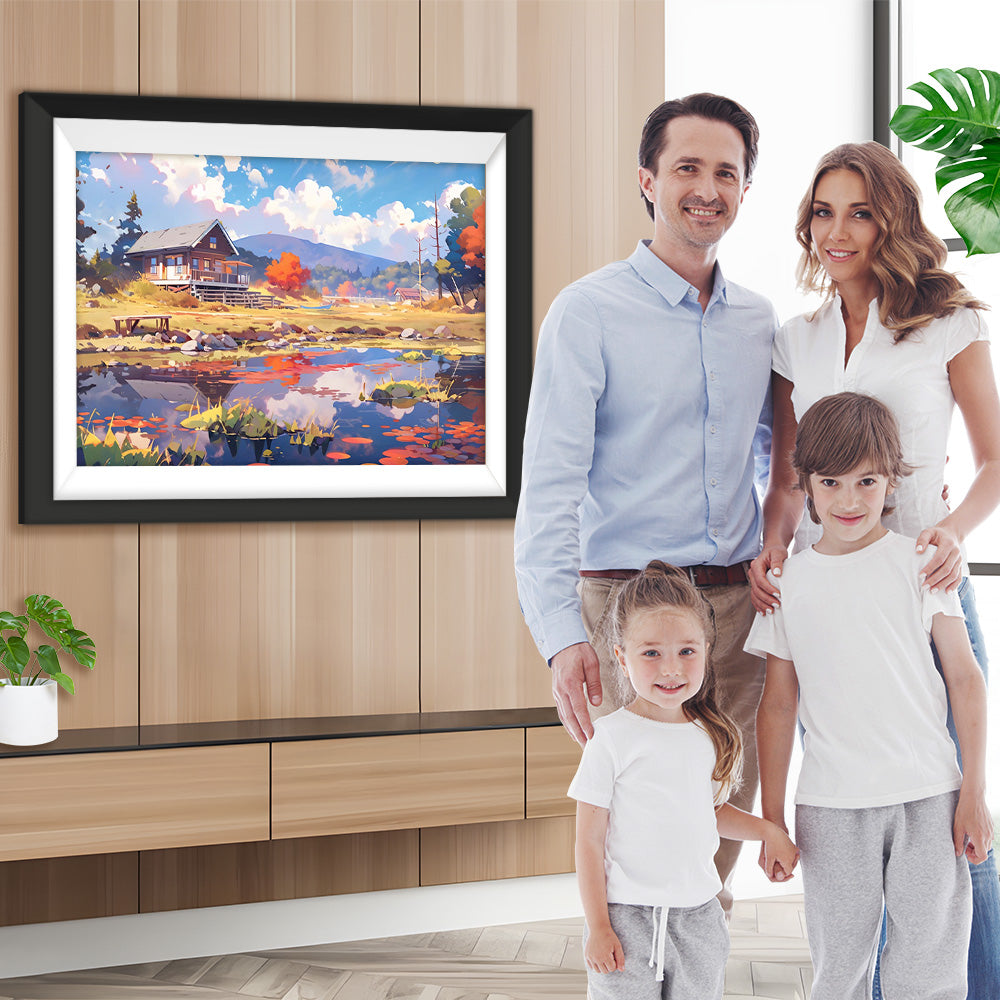 Villa und Teich in den Bergen Diamond Painting