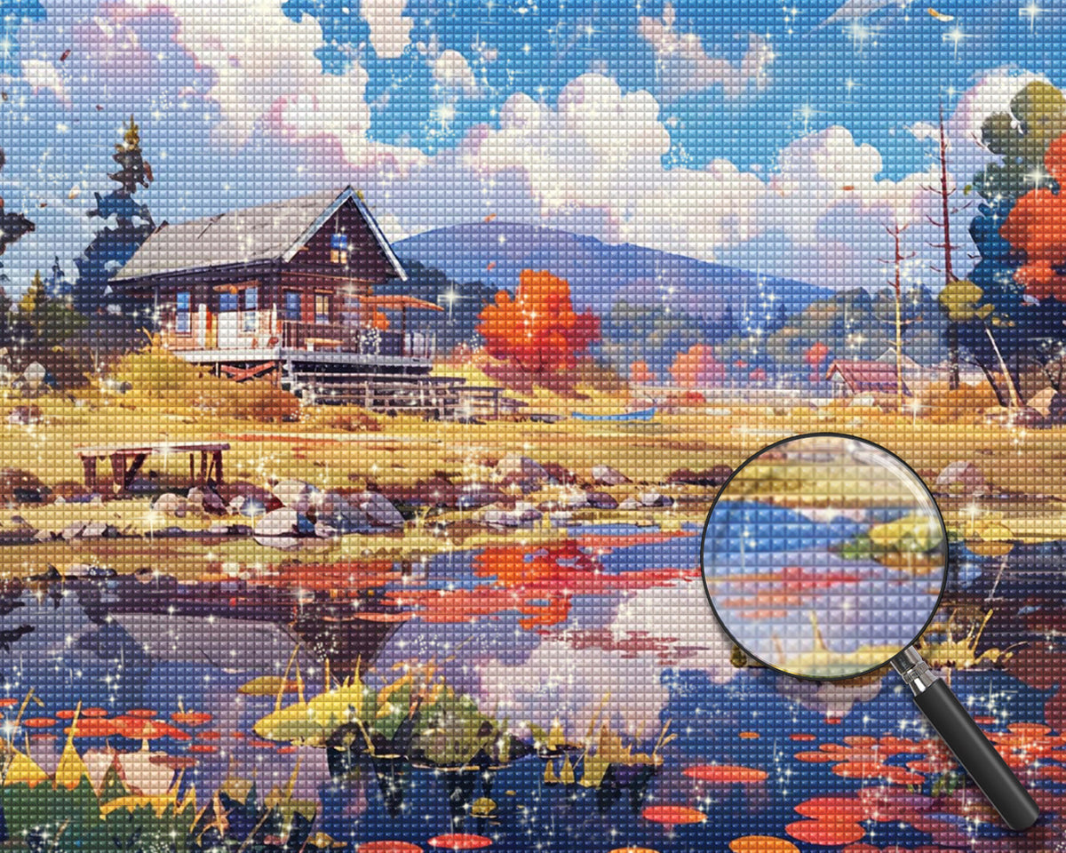 Villa und Teich in den Bergen Diamond Painting