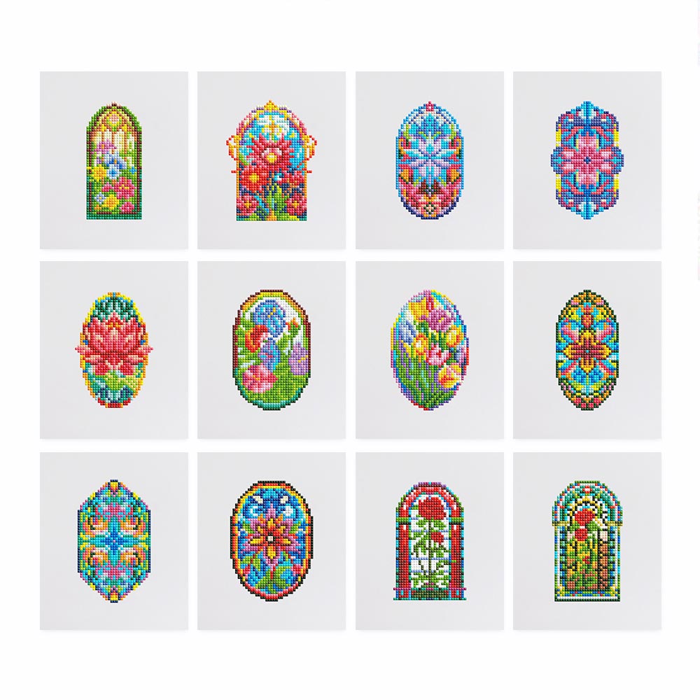 Vintage Buntglasfenster mit Blumen 12 Stück - Mini Diamond Painting Set