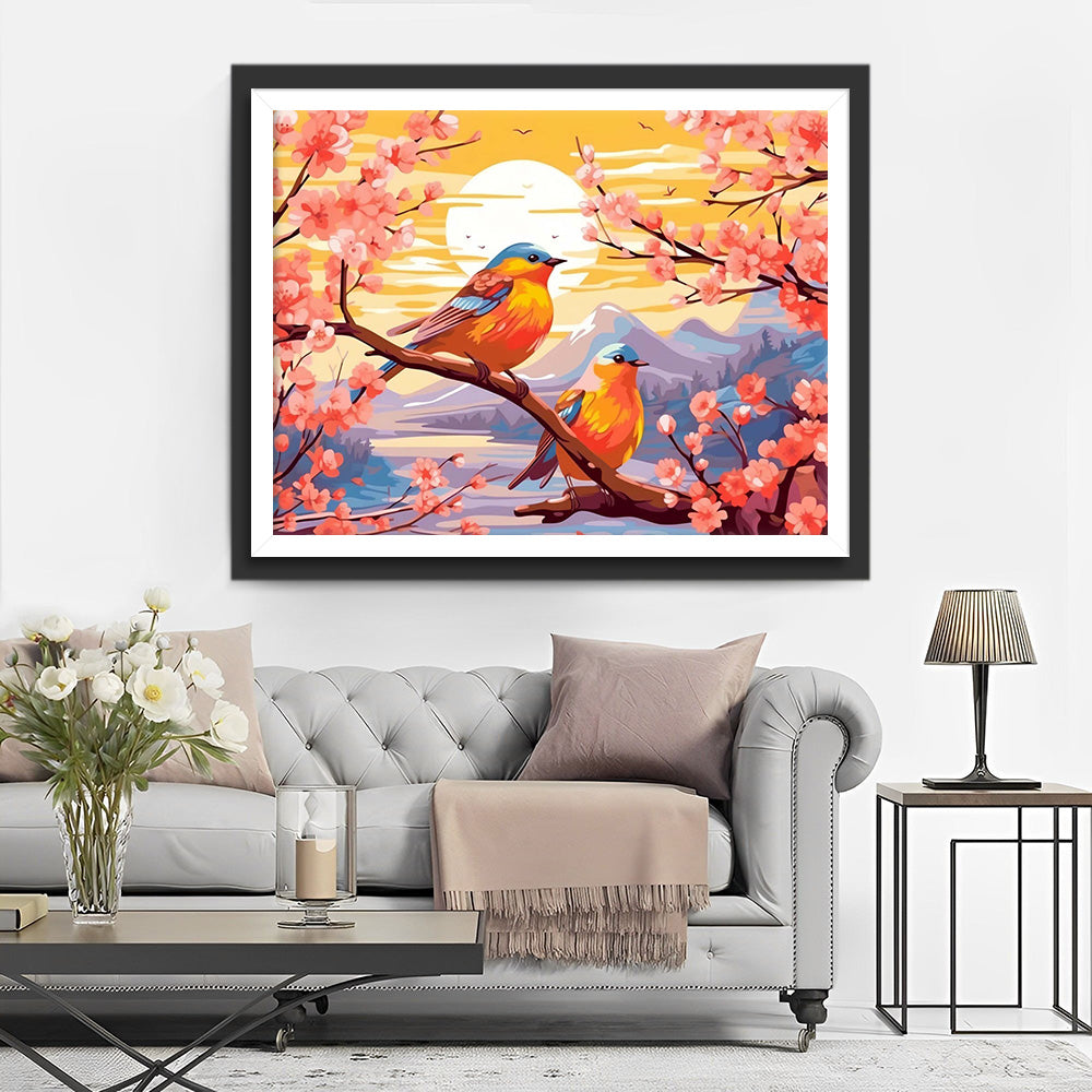 Vögel, Blumen und Sonnenuntergang Diamond Painting