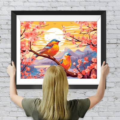 Vögel, Blumen und Sonnenuntergang Diamond Painting