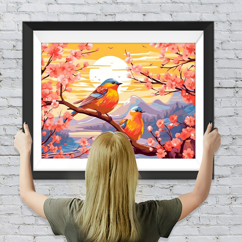 Vögel, Blumen und Sonnenuntergang Diamond Painting