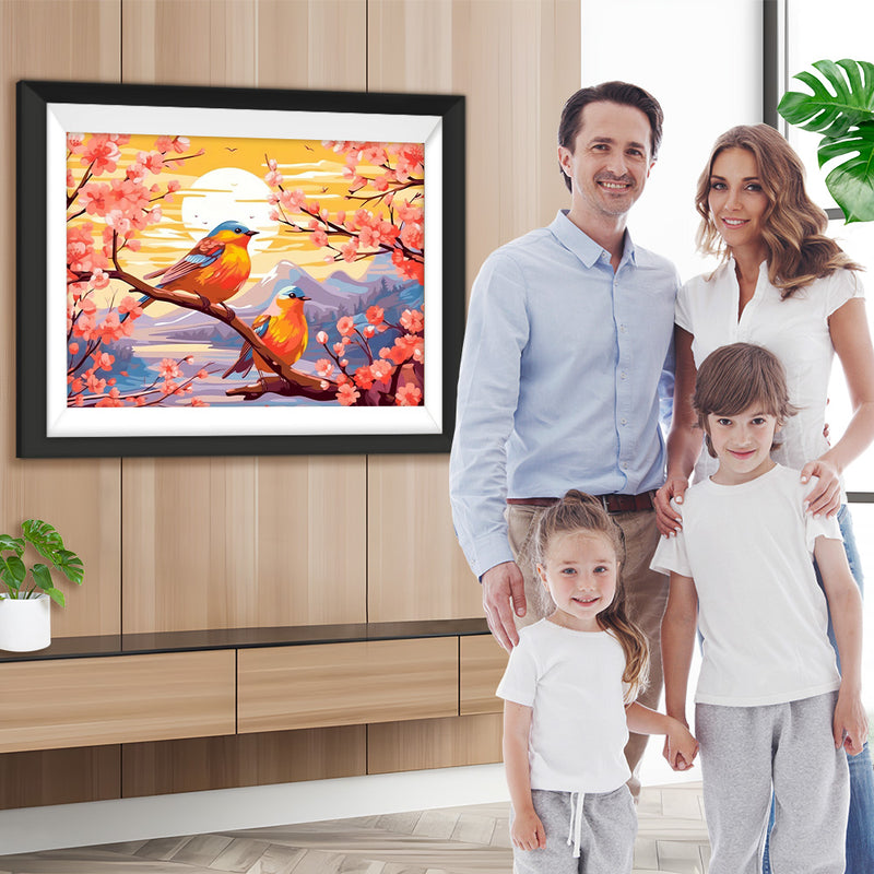 Vögel, Blumen und Sonnenuntergang Diamond Painting