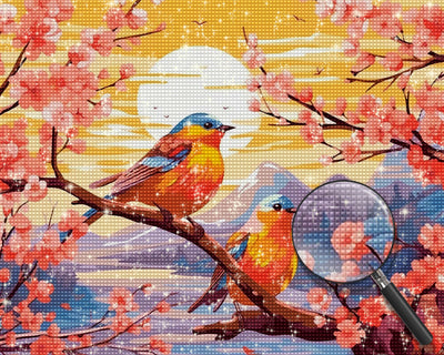 Vögel, Blumen und Sonnenuntergang Diamond Painting