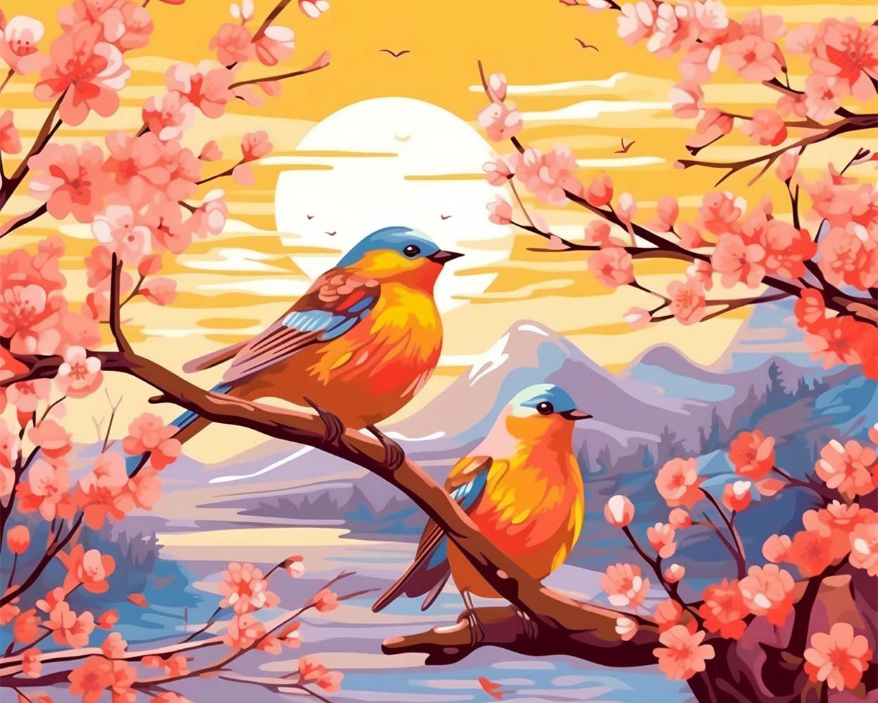 Vögel, Blumen und Sonnenuntergang Diamond Painting