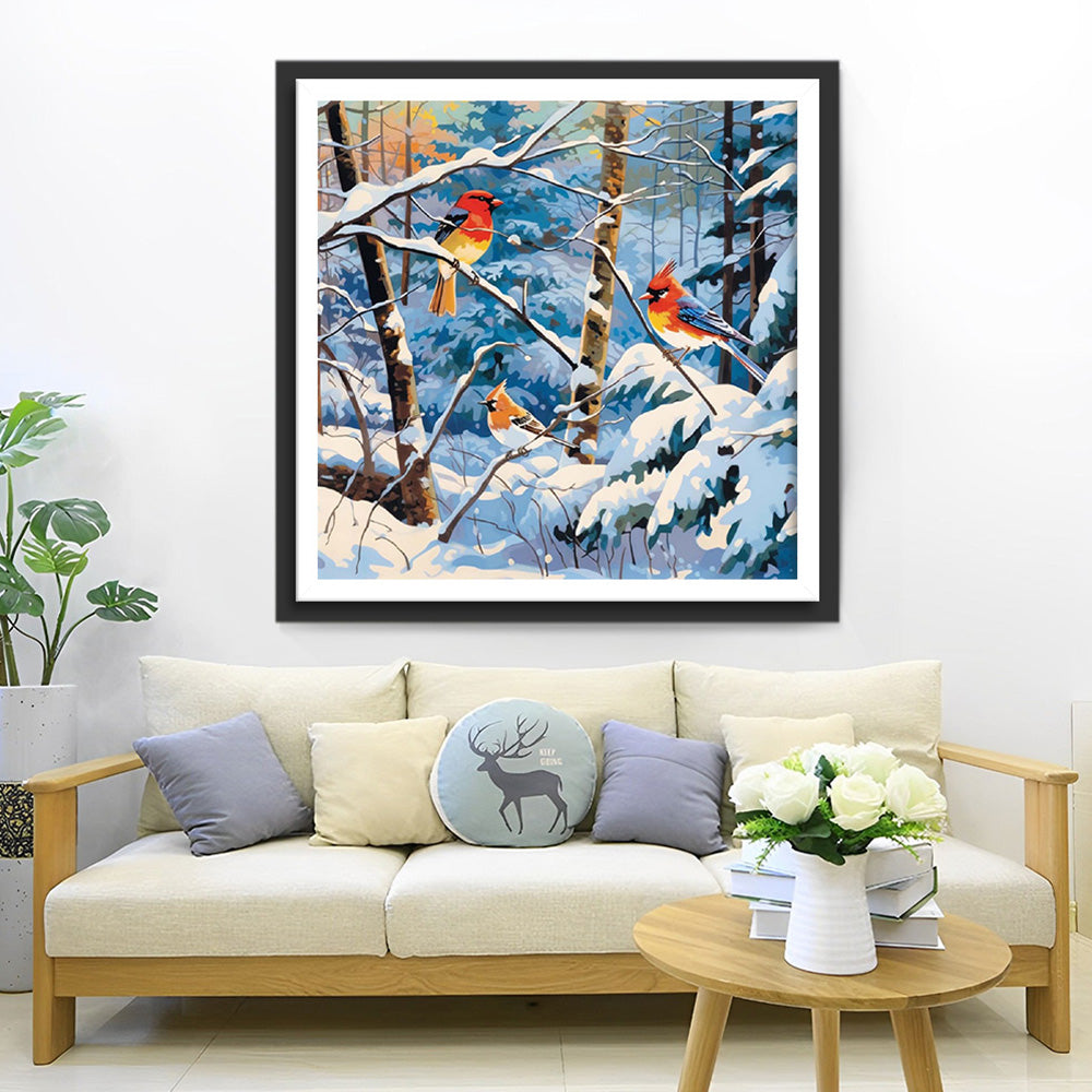 Vögel im verschneiten Wald Diamond Painting
