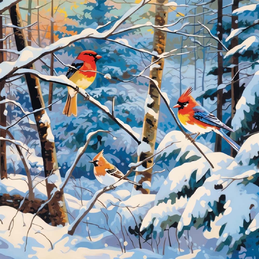 Vögel im verschneiten Wald Diamond Painting