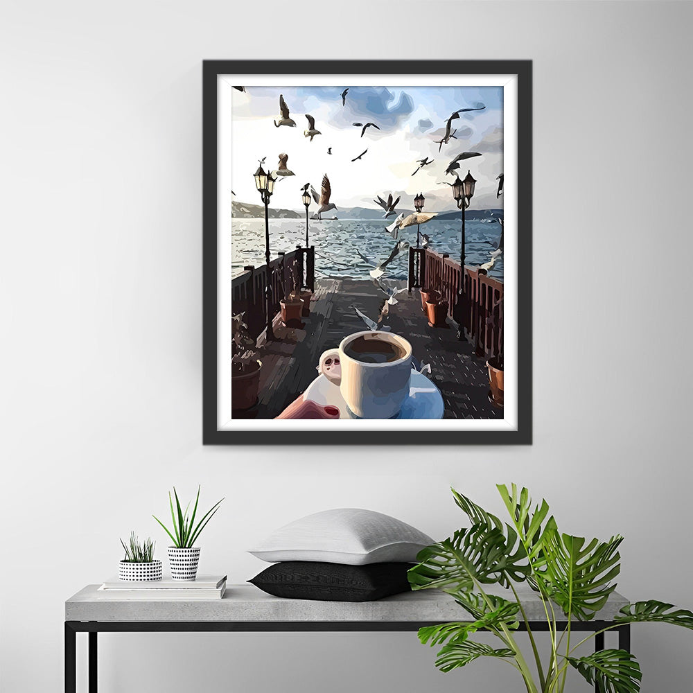Vögel und Kaffee am Meer Diamond Painting