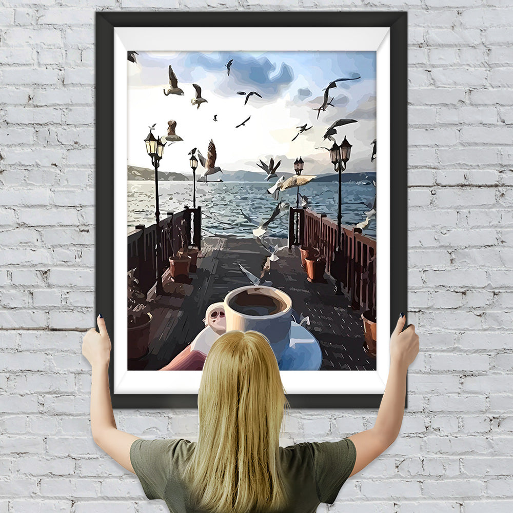 Vögel und Kaffee am Meer Diamond Painting