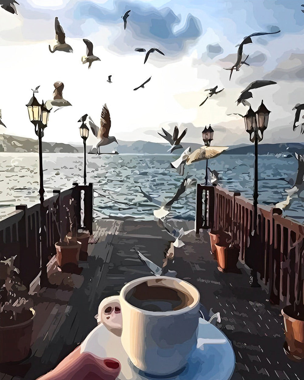 Vögel und Kaffee am Meer Diamond Painting