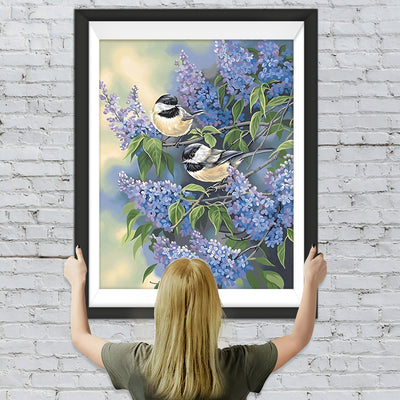 Vögel und lila Blumen Diamond Painting