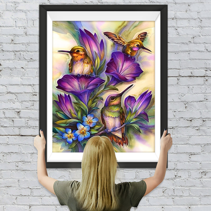 Vögel und lila Blumen Diamond Painting