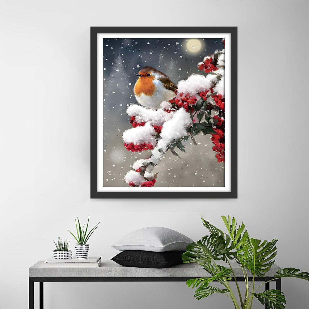 Vogel auf einem Beerenbaum im Schnee Diamond Painting
