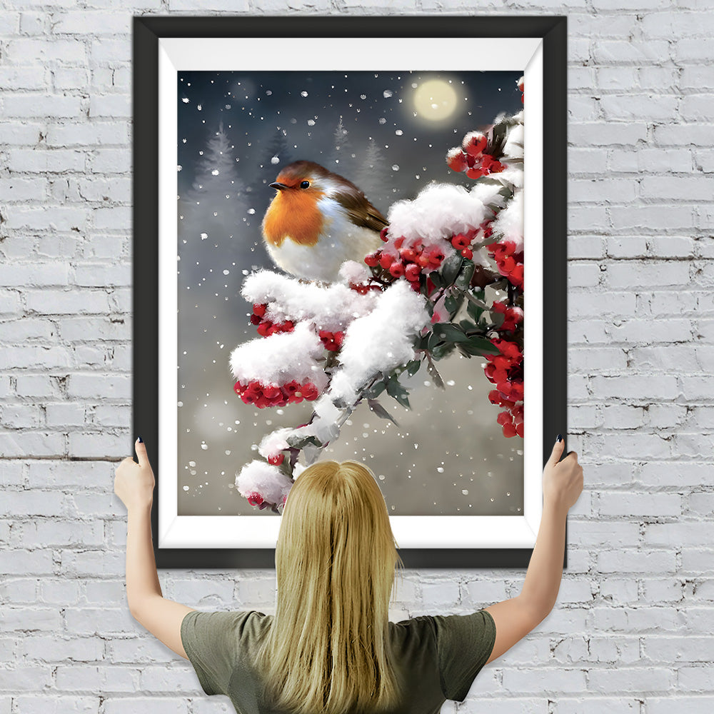 Vogel auf einem Beerenbaum im Schnee Diamond Painting