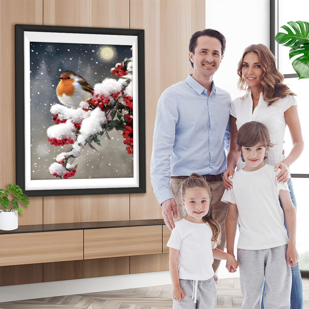 Vogel auf einem Beerenbaum im Schnee Diamond Painting
