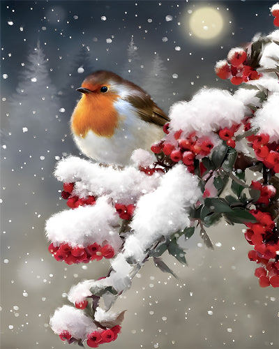 Vogel auf einem Beerenbaum im Schnee Diamond Painting