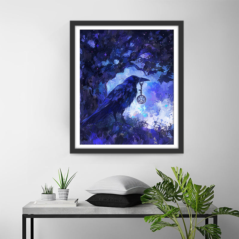 Vogel hält Schlüssel im Blauen Wald Diamond Painting