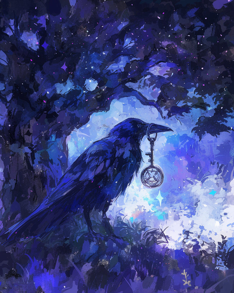 Vogel hält Schlüssel im Blauen Wald Diamond Painting