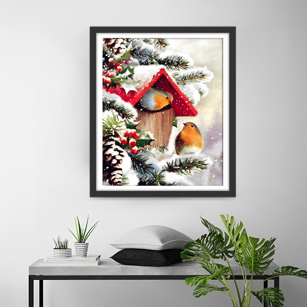 Vogelhaus im Schnee Diamond Painting