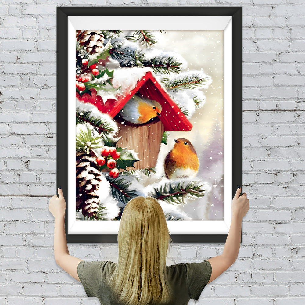 Vogelhaus im Schnee Diamond Painting