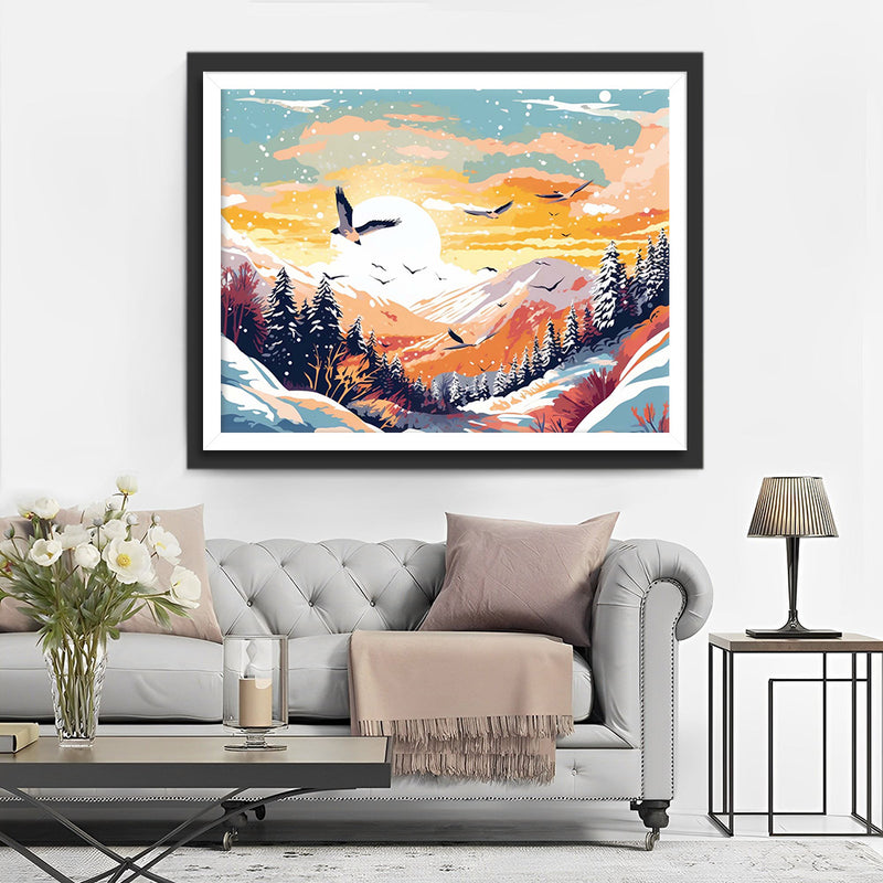 Vogelschwarm fliegt über verschneite Berge Diamond Painting