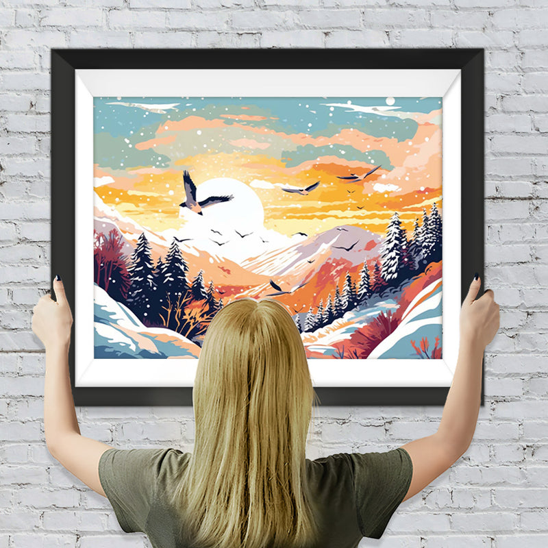Vogelschwarm fliegt über verschneite Berge Diamond Painting