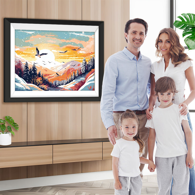Vogelschwarm fliegt über verschneite Berge Diamond Painting