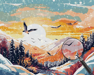 Vogelschwarm fliegt über verschneite Berge Diamond Painting
