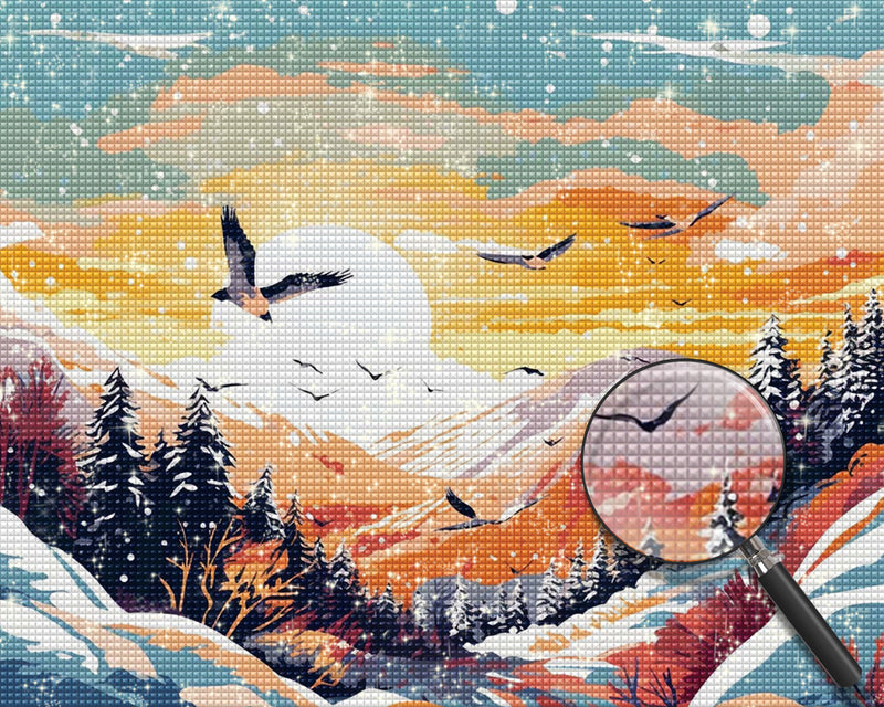 Vogelschwarm fliegt über verschneite Berge Diamond Painting