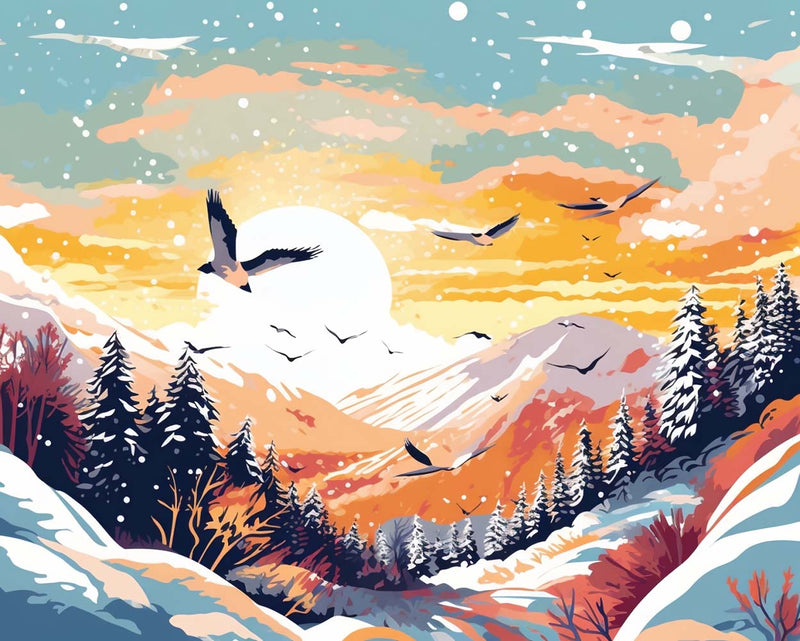 Vogelschwarm fliegt über verschneite Berge Diamond Painting