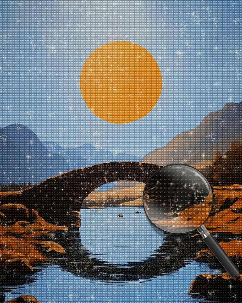 Vollmond über der Bogenbrücke in den Bergen Diamond Painting