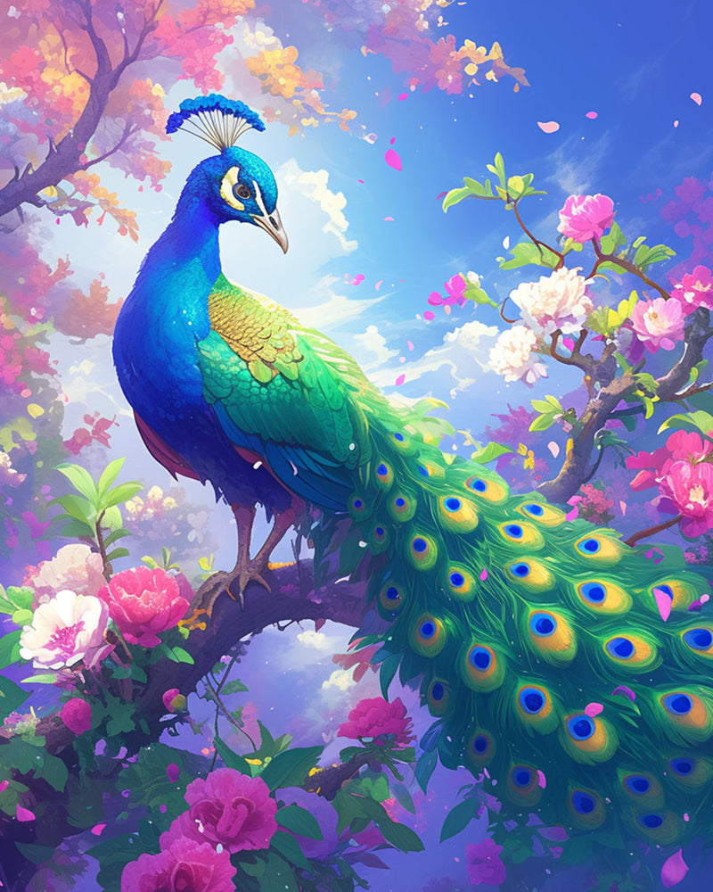 Von Blumen Umgebener Pfau Diamond Painting