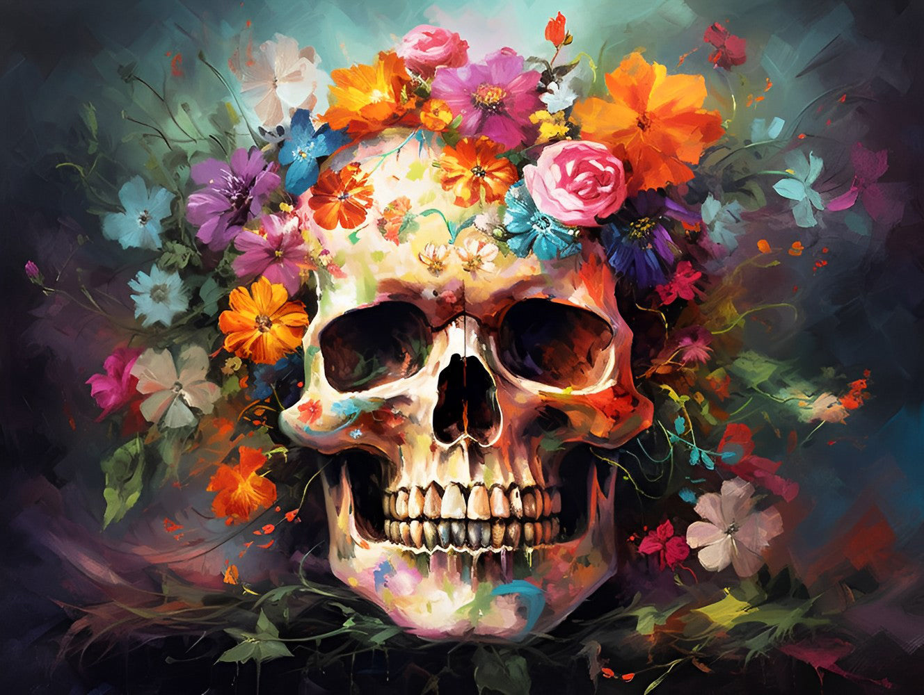 Von Blumen umgebener Schädel Diamond Painting