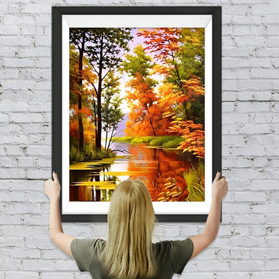 Wald am Fluss im Herbst Diamond Painting